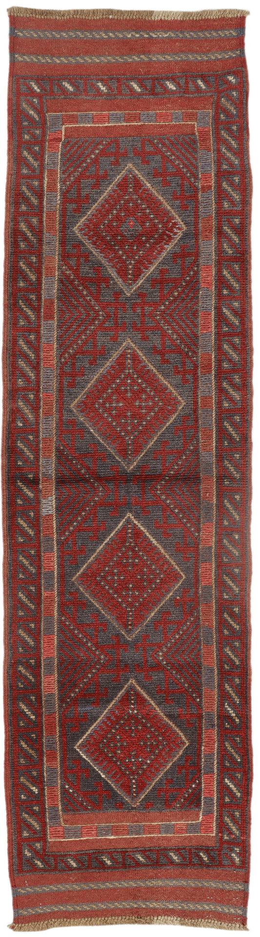 Afghan Meshwani runner rug by eastofhere, 219x58cm, featuring traditional geometric patterns in vibrant colors on woven fabric.