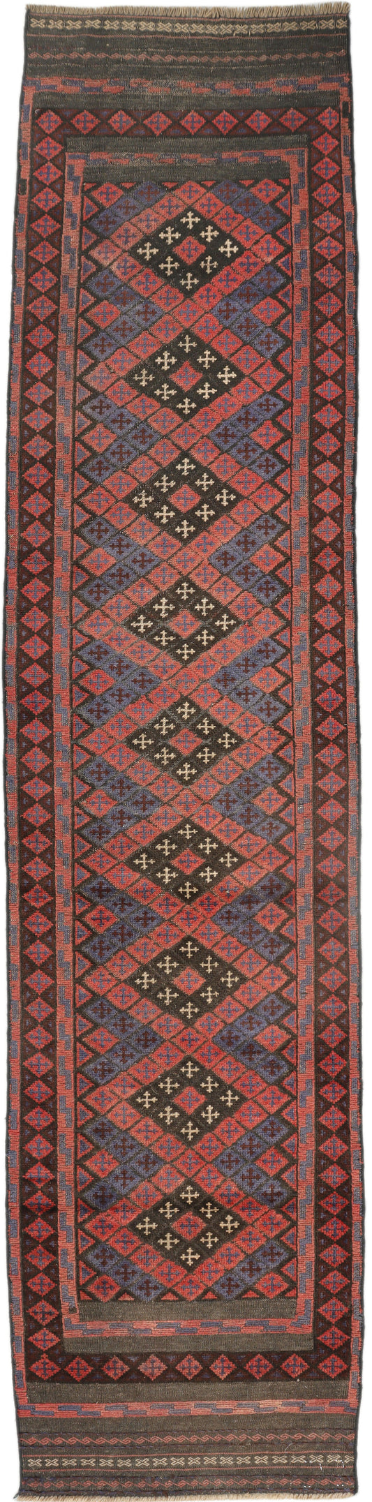 Afghan Meshwani runner rug by eastofhere, 269cm long and 62cm wide, with intricate traditional patterns on a neutral background.