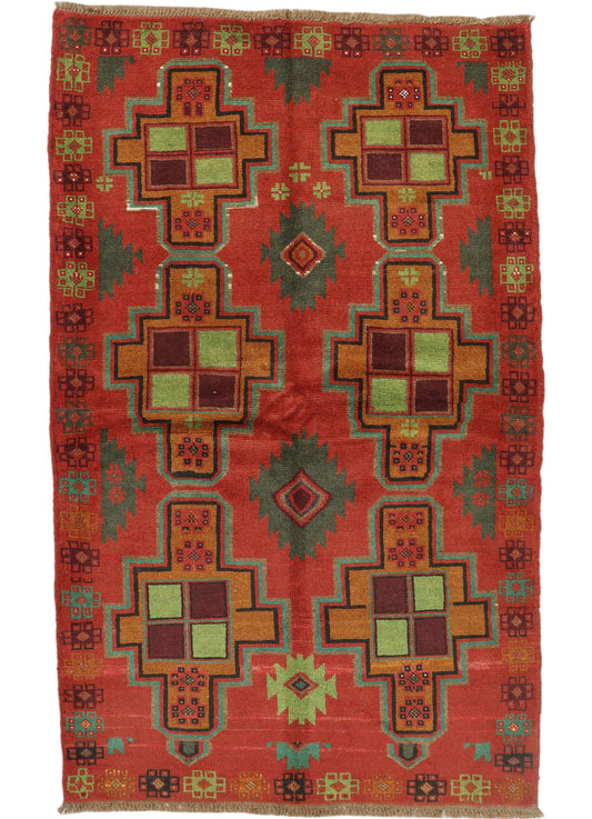 Afghan Balouchi rug with intricate geometric patterns in earthy tones, measuring 200x125cm, from eastofhere.