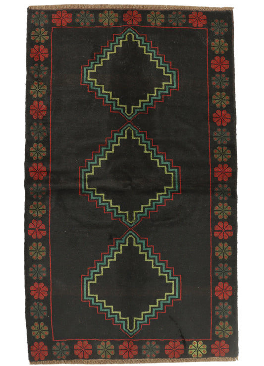 Afghan Balouchi rug with intricate geometric patterns in earthy tones, measuring 201x122cm, from eastofhere.