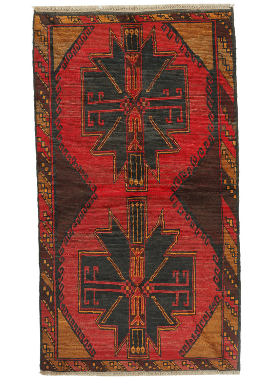 Afghan Balouchi rug in vibrant reds and earthy tones, 200x110cm, featuring traditional tribal patterns and handwoven craftsmanship.