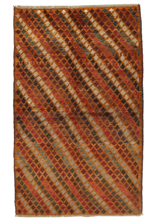 Afghan Balouchi rug with intricate patterns in earthy tones, measuring 192x118cm, by eastofhere, showcasing traditional woven design.