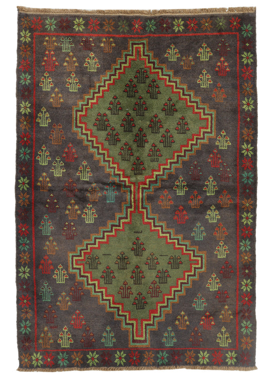 Afghan Balouchi rug with intricate geometric patterns in earthy tones, measuring 197x133cm, from eastofhere.