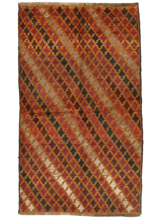 Afghan Balouchi rug with intricate geometric patterns, 196x115cm, handmade by eastofhere, showcasing traditional tribal design.