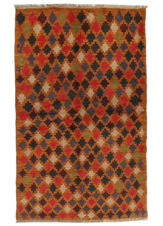 Afghan Balouchi rug with intricate patterns in earthy tones, measuring 178x111cm, from eastofhere.