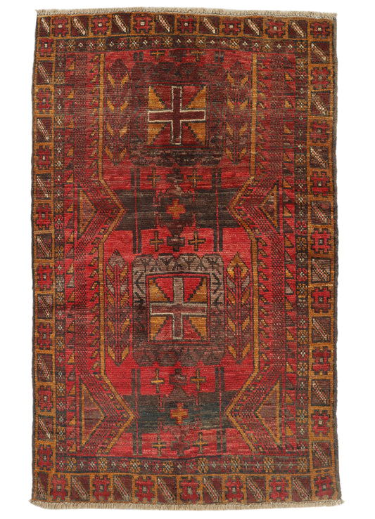 Afghan Balouchi rug with intricate patterns, measuring 177x113cm, from eastofhere, showcasing traditional handmade textile craftsmanship.