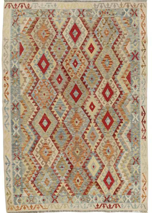 Afghan Kilim rug by eastofhere, 288 x 202cm, featuring traditional geometric patterns in vibrant colors on a woven textile.