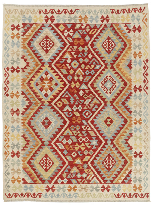 Colorful Afghan Kilim rug by eastofhere, 236x178cm, showcasing intricate geometric patterns and traditional woven design.