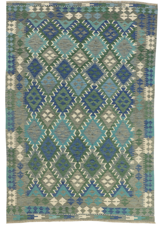Afghan Kilim rug by eastofhere, 255x177cm, featuring traditional geometric patterns and vibrant colors on woven textile.