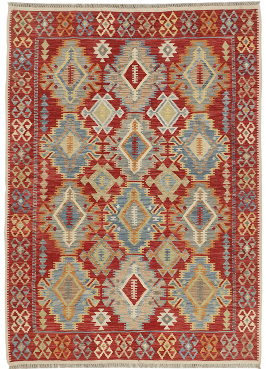 Afghan Kilim rug by eastofhere with intricate geometric patterns in warm earthy tones, measuring 241x172cm.