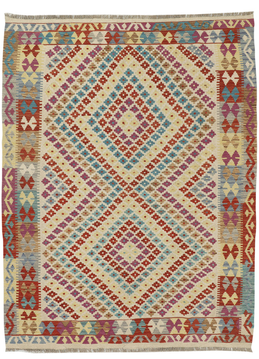 Afghan Kilim rug by eastofhere with intricate geometric patterns in vibrant colors, measuring 244 by 190 cm.