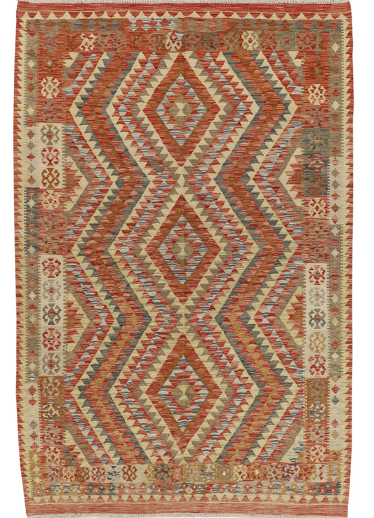 Afghan Kilim rug by eastofhere, 253x165cm, featuring traditional geometric patterns in vibrant colors.