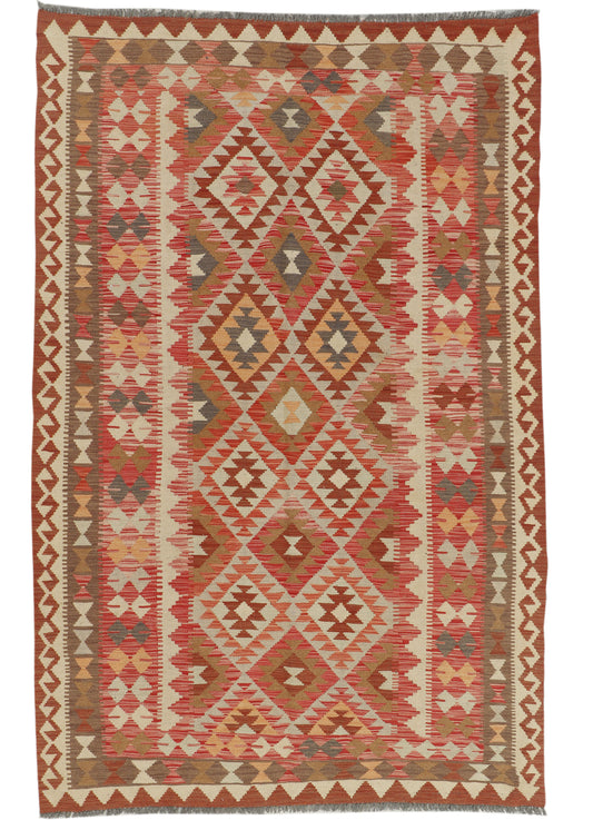 Afghan Kilim rug by eastofhere, 241 x 156cm, colorful geometric pattern on woven textile, traditional handmade rug.