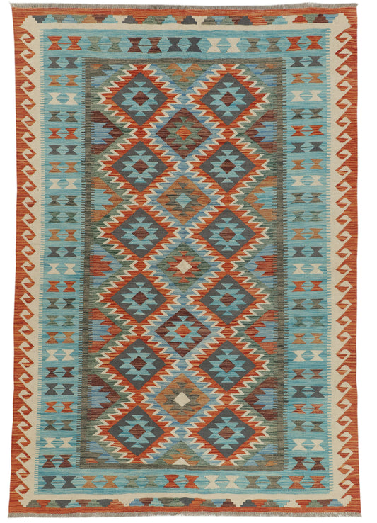 Afghan Kilim rug by eastofhere, 245x166cm, featuring vibrant geometric patterns and traditional woven design.
