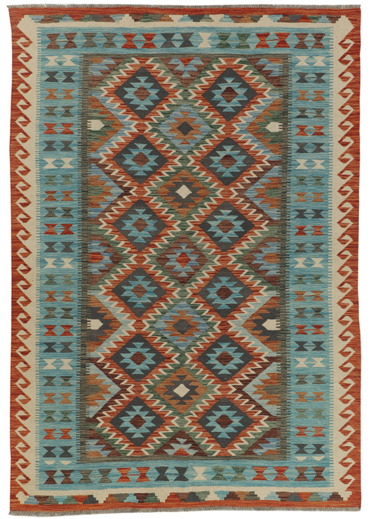 Afghan Kilim rug with geometric patterns, 243x170cm, crafted by eastofhere, featuring vibrant colors and traditional woven design.