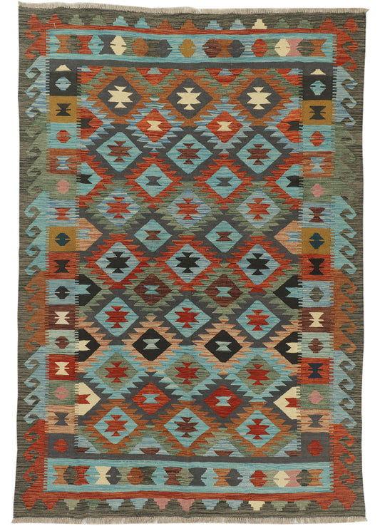 Afghan Kilim rug by eastofhere, 248x170cm, featuring traditional geometric patterns in vibrant colors on woven fabric.