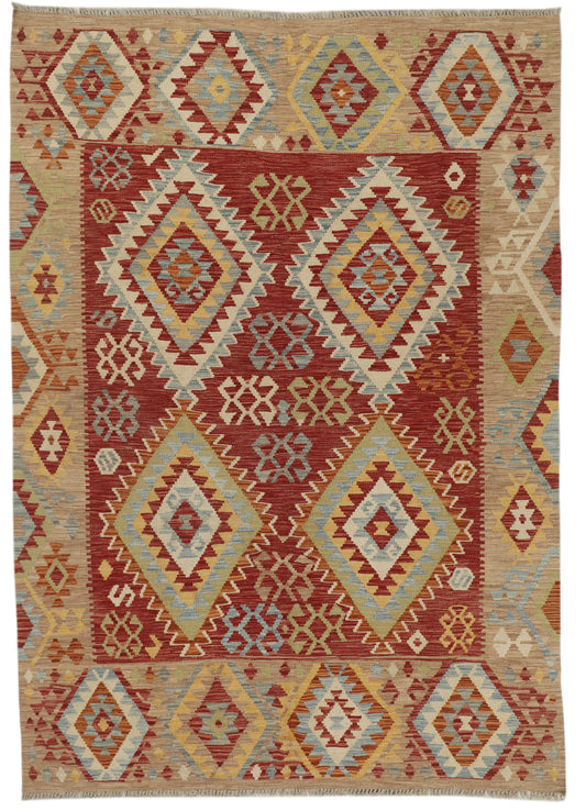 Afghan Kilim rug by eastofhere, 244x178cm, featuring traditional geometric patterns and vibrant woven textile design.