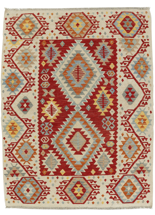 Afghan Kilim rug by eastofhere, 188x144cm, featuring traditional geometric patterns in vibrant colors on woven fabric.