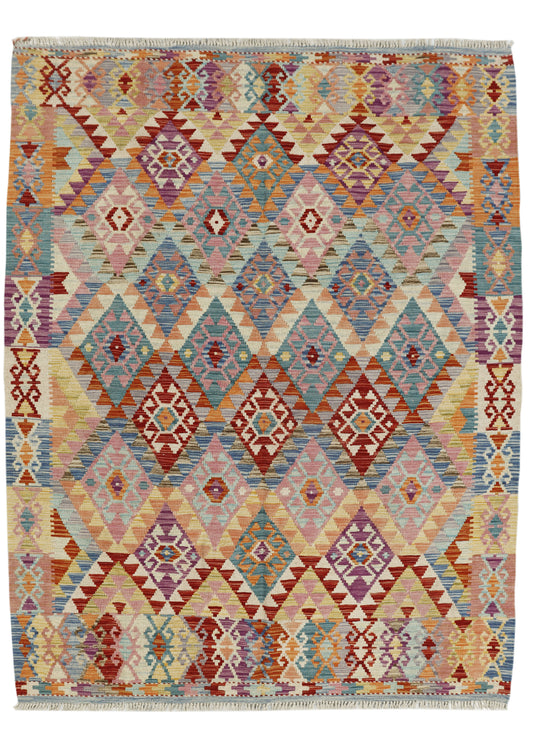 Afghan Kilim rug by eastofhere, 203x158cm, featuring traditional geometric patterns in vibrant colors.