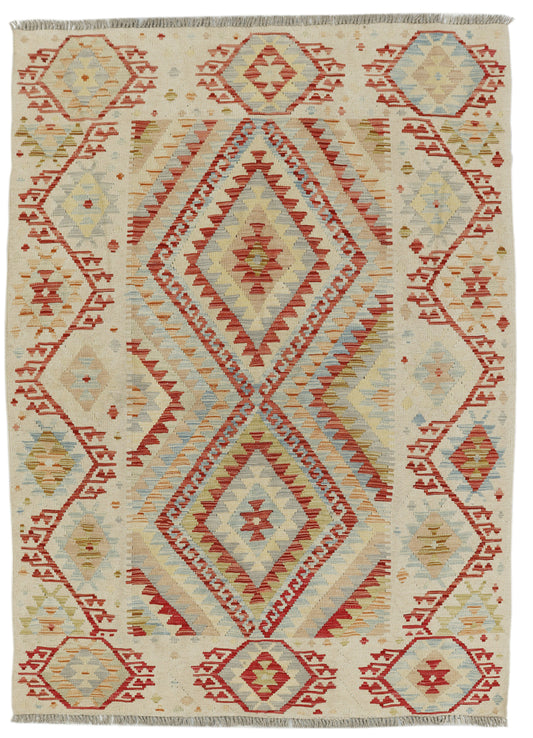 Afghan Kilim rug by eastofhere, 200x146cm, featuring traditional geometric patterns and vibrant colors on woven textile.