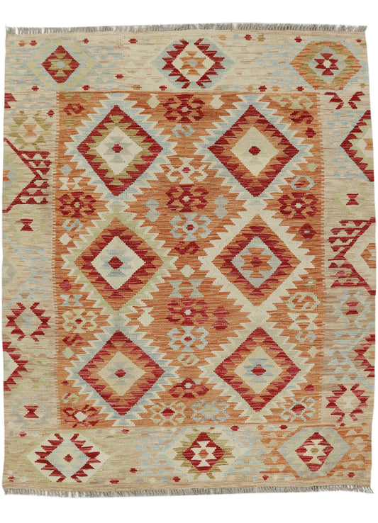 Afghan Kilim rug by eastofhere, 193x152cm with vibrant geometric patterns, traditional woven textile for home decor.