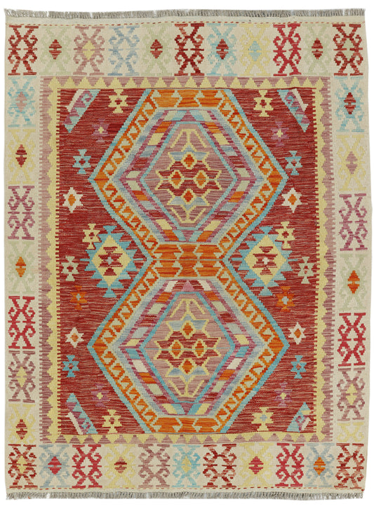 Afghan Kilim rug in vibrant geometric patterns, measuring 198x150cm, by eastofhere, with intricate traditional textile designs.