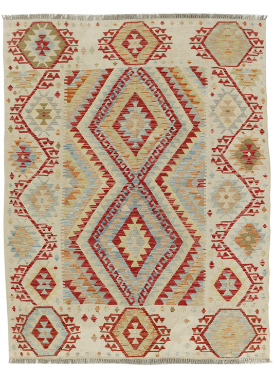 Afghan Kilim rug by eastofhere, 192x150cm, showcasing traditional geometric patterns and vibrant wool colors.