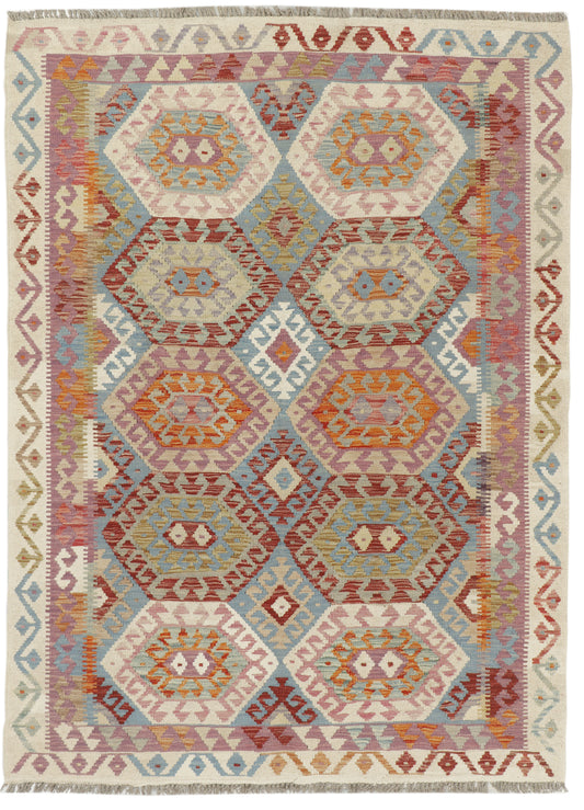 Afghan Kilim rug by eastofhere, 203x150cm, featuring traditional geometric patterns and vibrant colors on a woven textile.