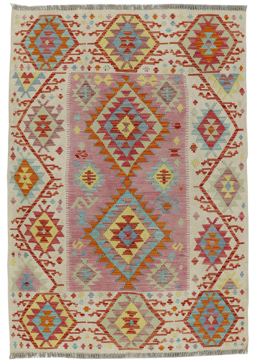 Colorful Afghan Kilim rug by eastofhere, 175x122cm, featuring traditional geometric patterns and vibrant woven design.