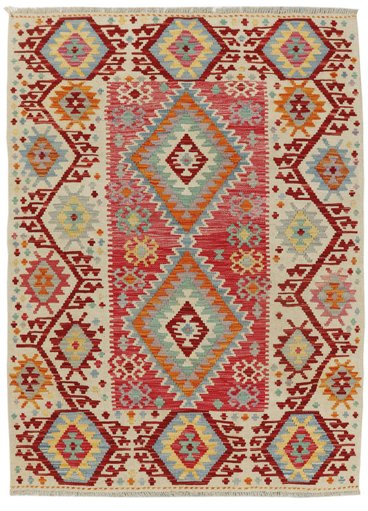 Afghan Kilim rug by eastofhere, decorative 177x129cm woven textile with traditional geometric patterns and vibrant colors.