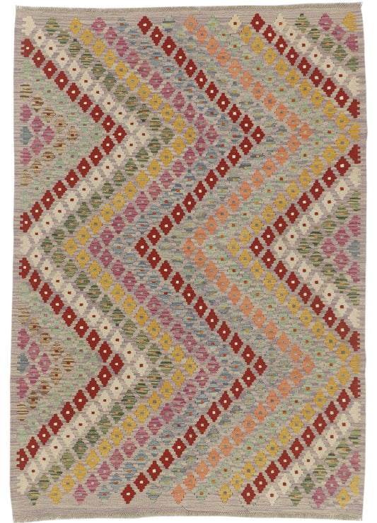 Afghan Kilim rug by eastofhere, 181x128cm, traditional geometric pattern in vibrant colors, woven textile floor covering.