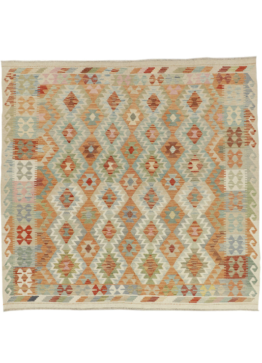 Afghan Kilim rug by eastofhere, 201x193cm, featuring traditional geometric patterns and vibrant colors on woven fabric.