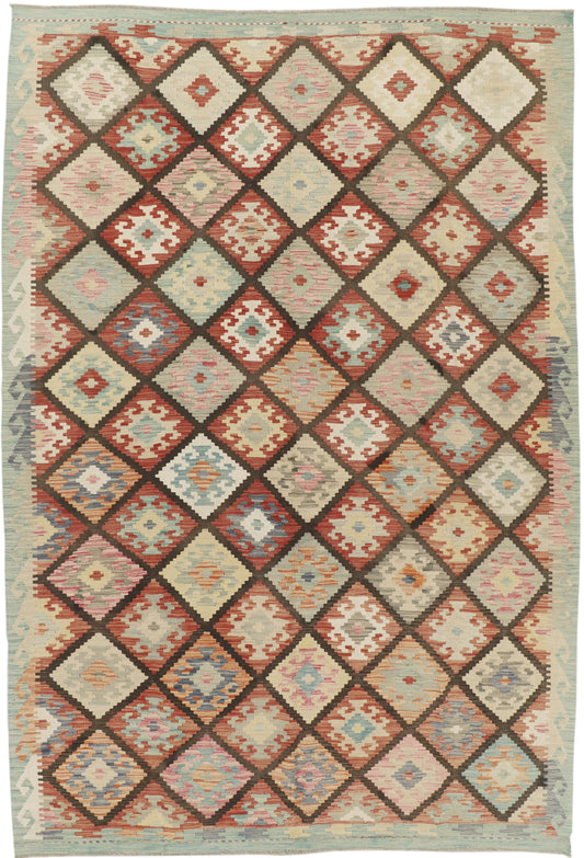 Afghan Kilim rug by eastofhere with intricate geometric patterns in vibrant colors, measuring 296x207cm, displayed on a floor.