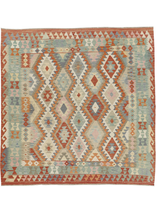 Afghan Kilim rug from eastofhere with geometric patterns, measuring 206x204cm, featuring vibrant traditional woven designs.