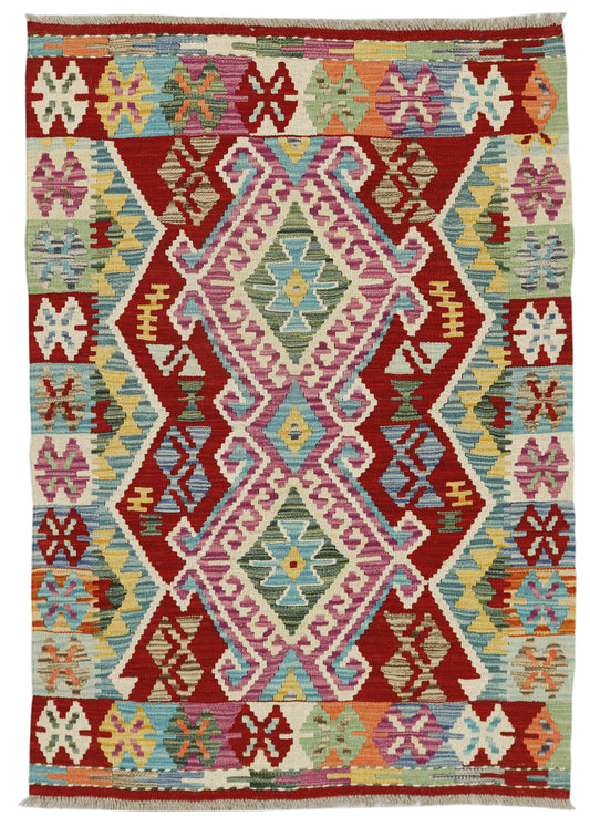 Afghan Kilim rug by eastofhere, 141x98cm, featuring traditional geometric patterns in vibrant colors and handwoven craftsmanship.