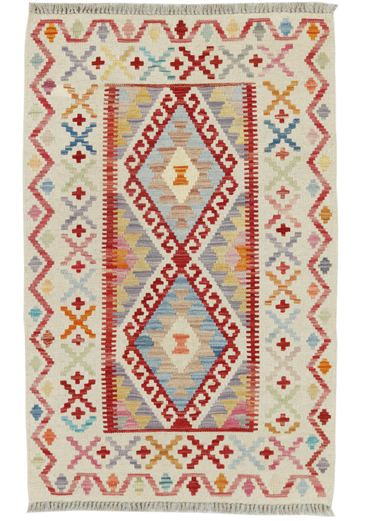 Afghan Kilim rug by eastofhere with colorful geometric patterns, measuring 123x78cm, showcasing traditional woven craftsmanship.
