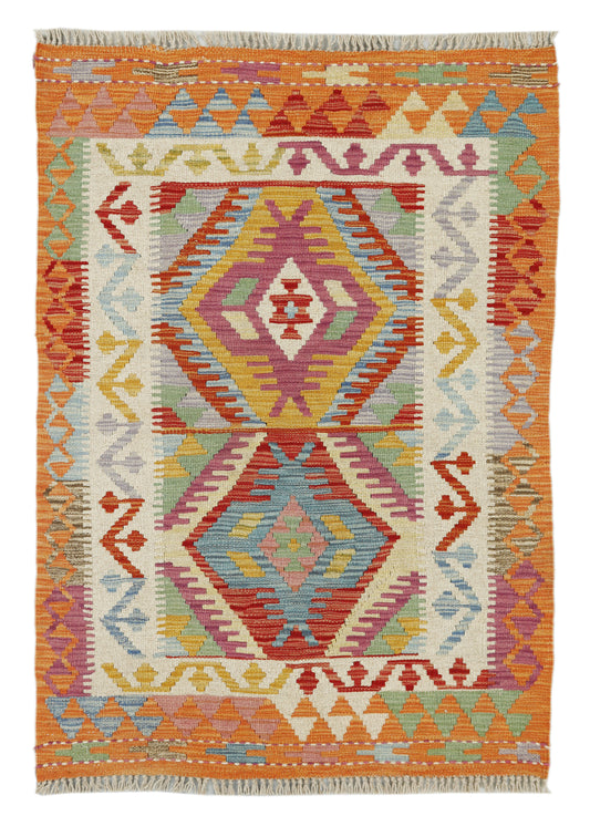 Afghan Kilim rug by eastofhere featuring geometric patterns in vibrant colors, measuring 118x83cm, showcasing traditional woven design.
