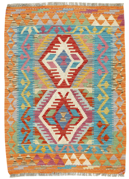 Afghan Kilim rug in vibrant geometric patterns, 114x80cm, handmade by eastofhere, showcasing traditional wool weave and colorful design.