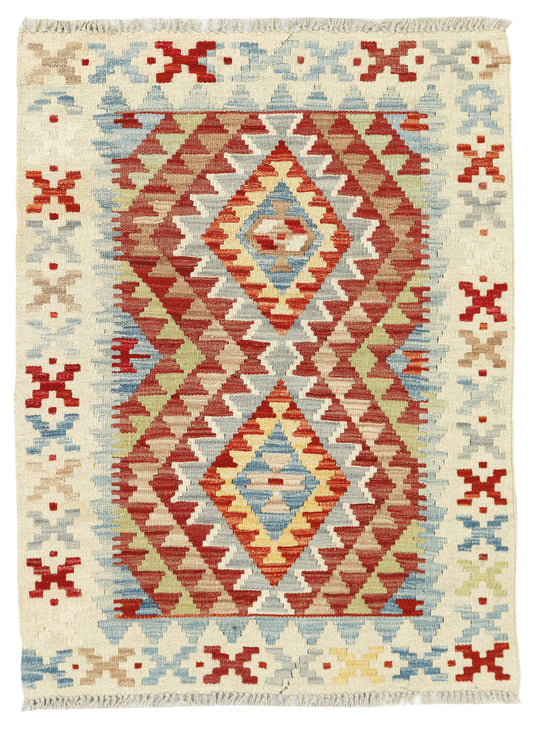 Afghan Kilim rug by eastofhere, 110x81cm, featuring traditional geometric patterns and vibrant colors on a flat-woven textile.