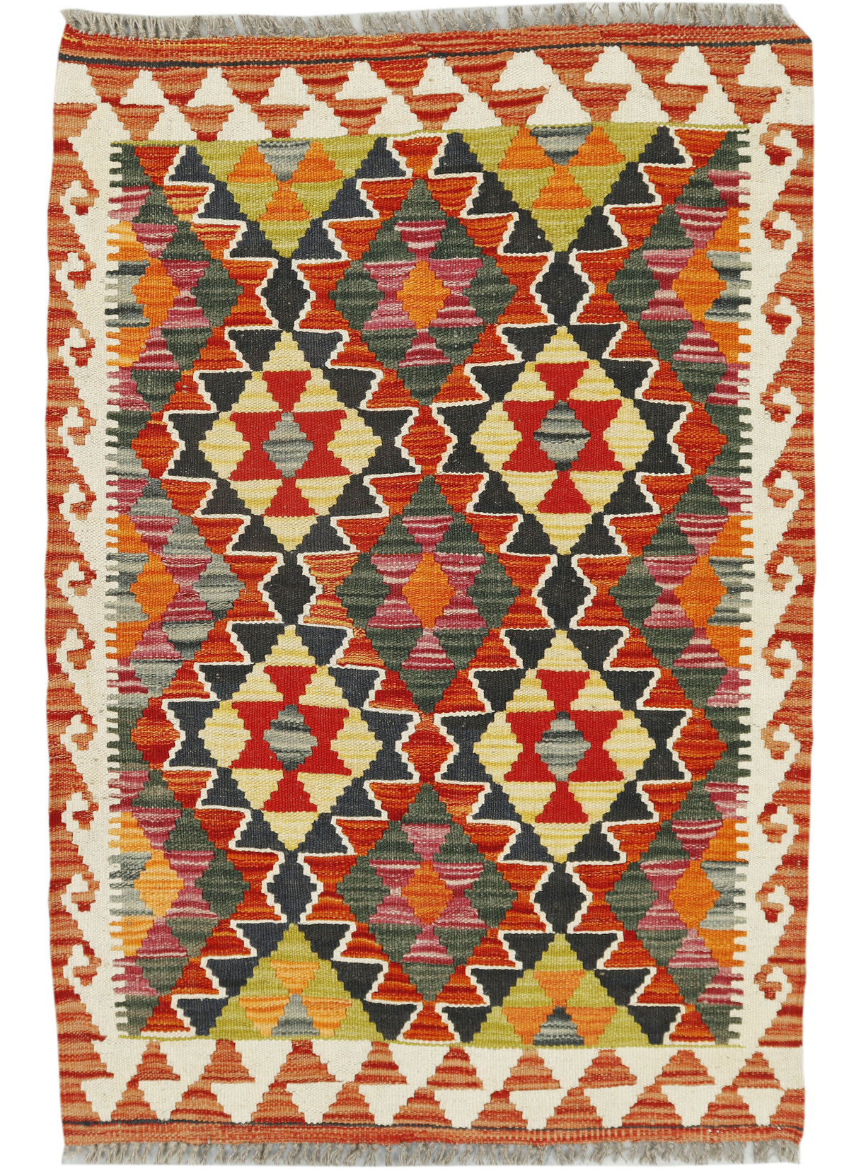 Afghan Kilim rug by eastofhere, 120x80cm, featuring traditional geometric patterns and vibrant woven textile design.