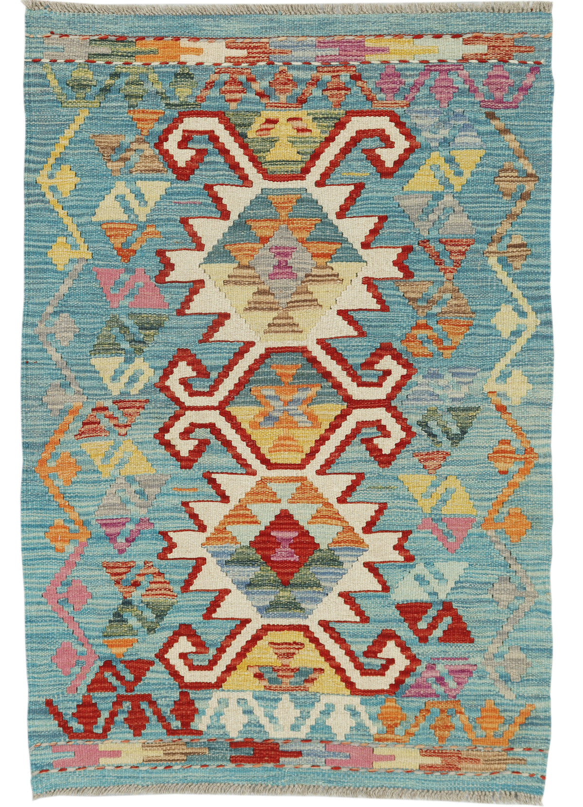 Afghan Kilim rug by eastofhere, 119x80cm, featuring traditional geometric patterns and vibrant colors on woven fabric.