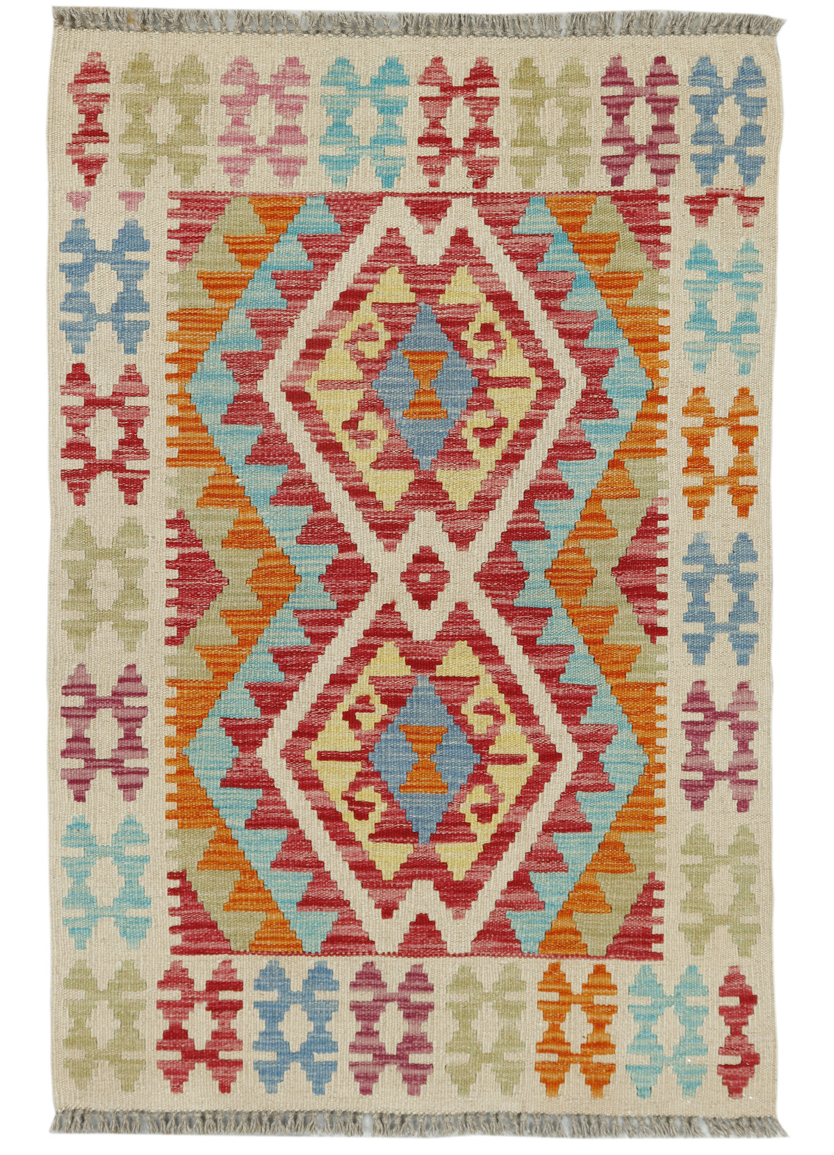 Afghan Kilim rug by eastofhere, 116x76cm, featuring traditional geometric patterns in vibrant colors and woven texture.