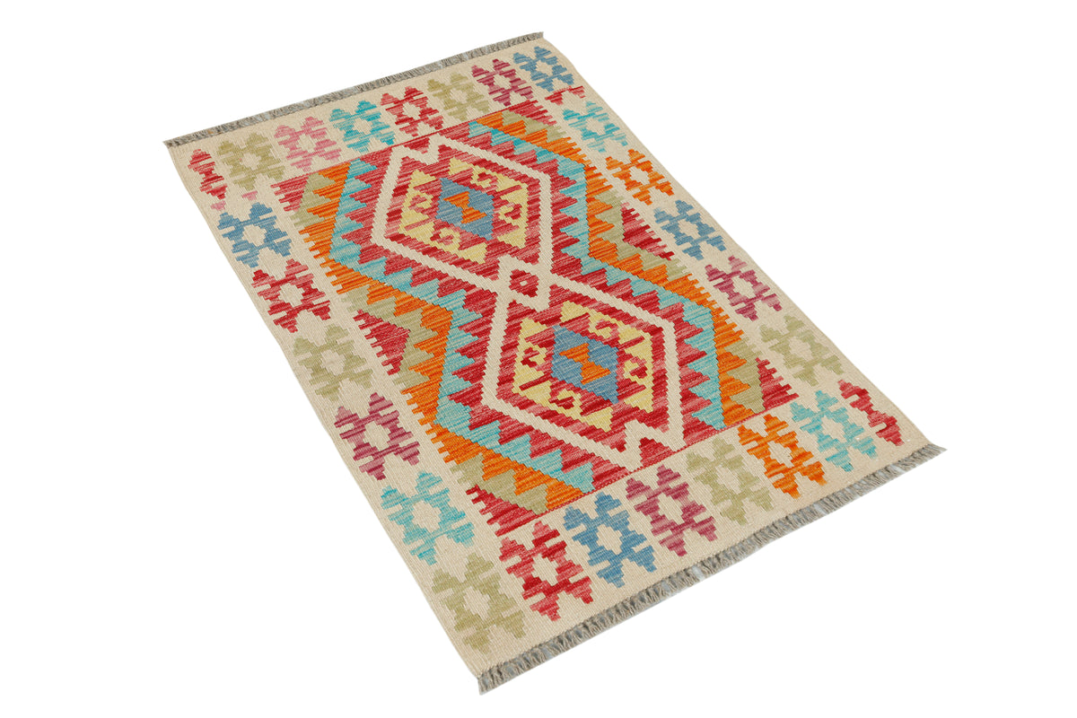 Afghan Kilim rug by eastofhere featuring traditional geometric patterns in vibrant colors, measuring 116x76cm.