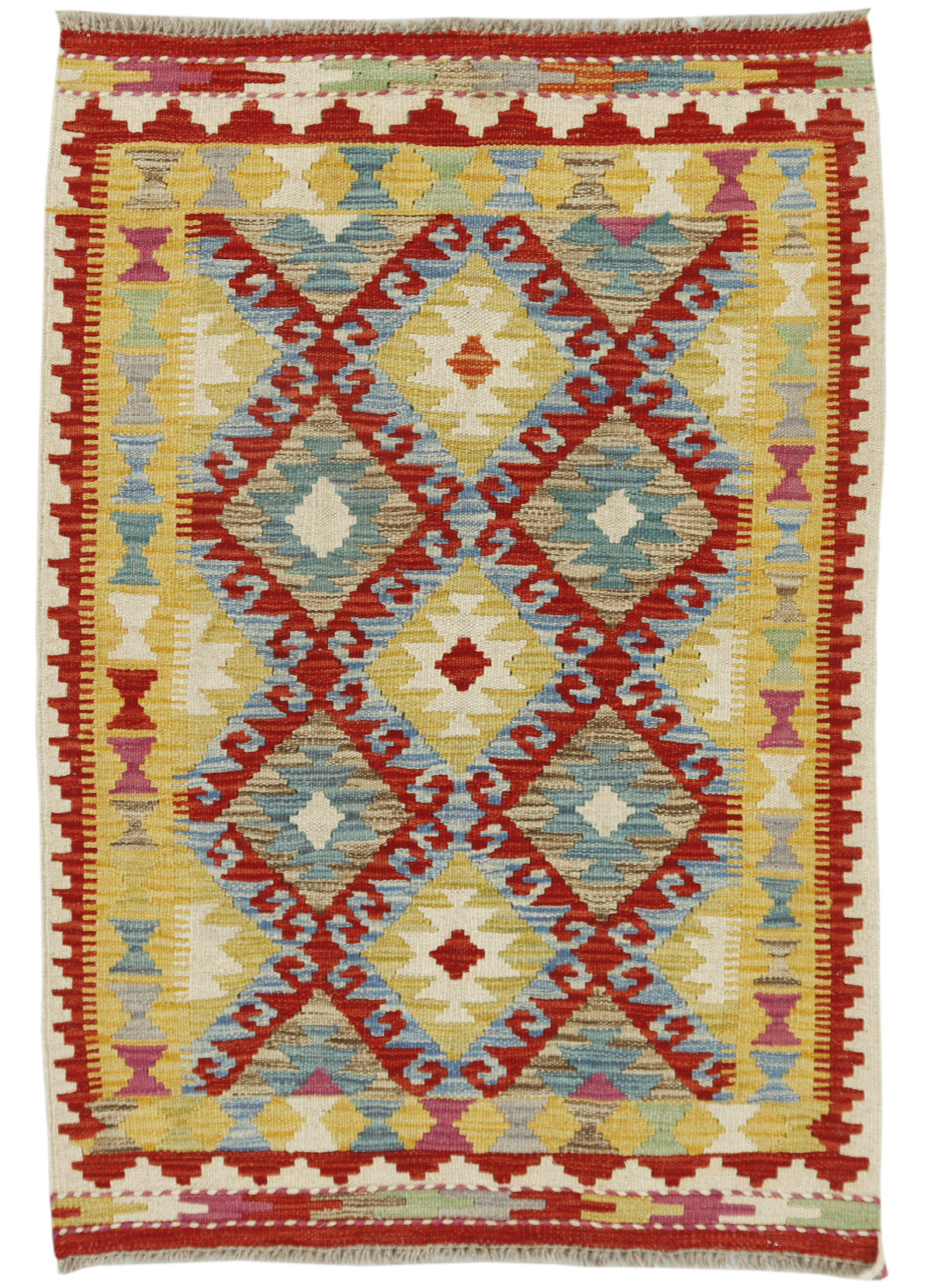 Afghan Kilim rug in vibrant geometric patterns, 117x80cm, from eastofhere, showcasing traditional handwoven textile design.