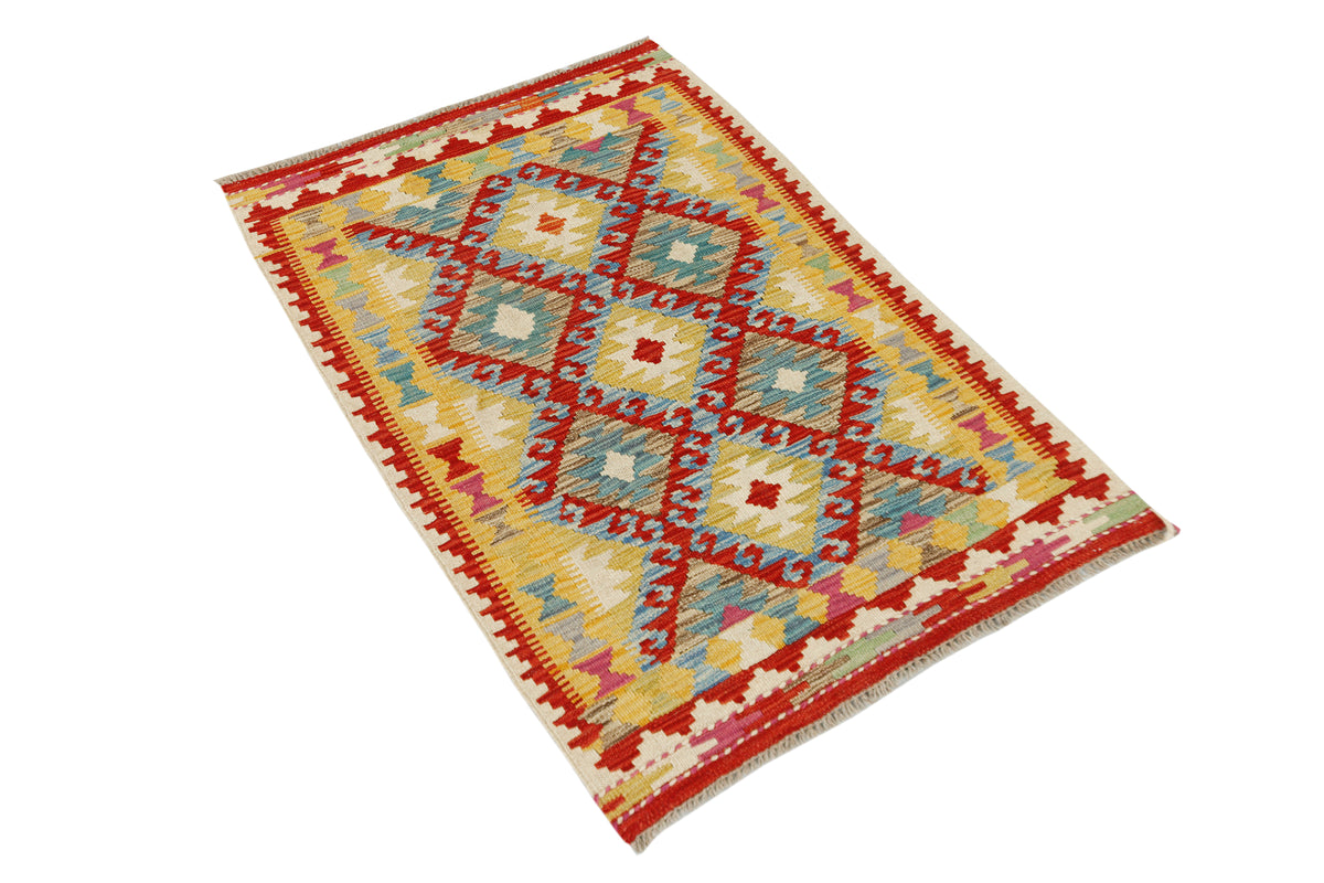 Afghan Kilim rug by eastofhere, 117x80cm, featuring traditional geometric patterns in vibrant colors on woven textile.