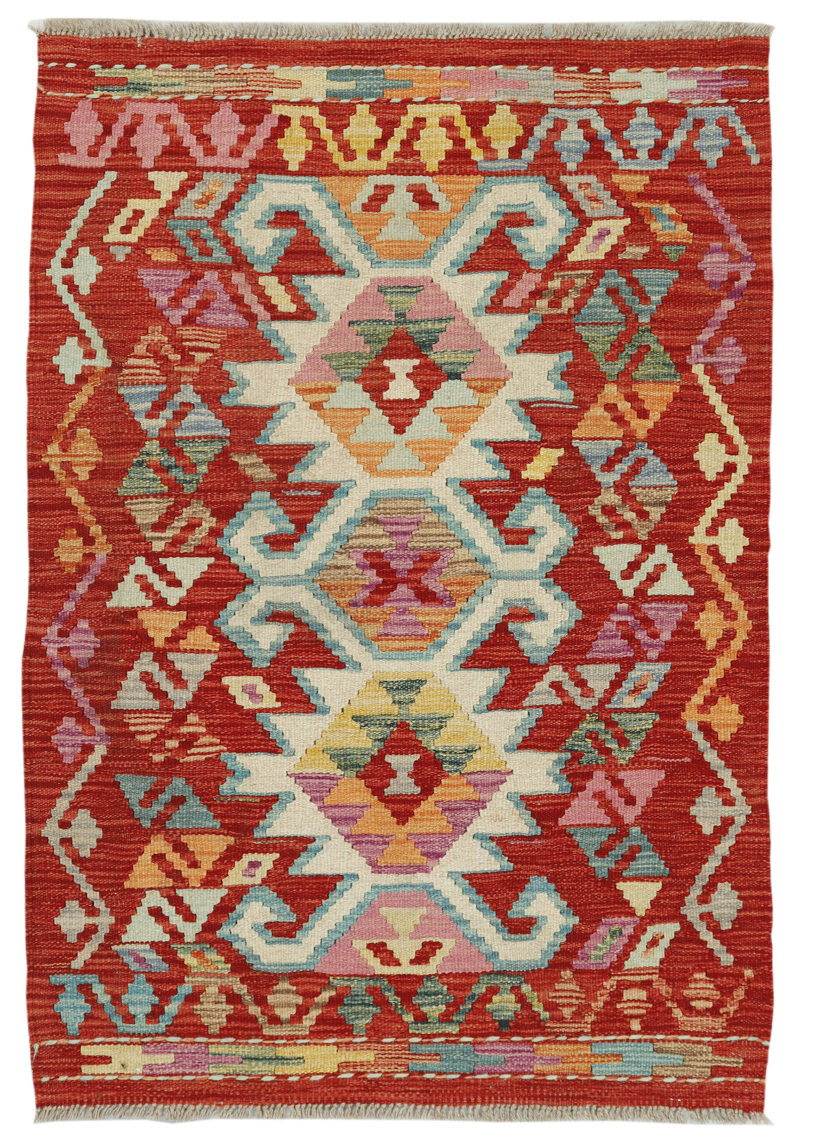 Afghan Kilim rug with intricate geometric patterns in earthy tones, measuring 118x82cm, by Eastofhere.
