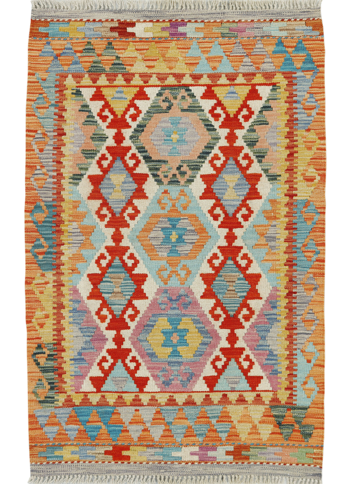 Afghan Kilim rug from eastofhere, 127x81cm, featuring colorful traditional geometric patterns, handmade woven textile.