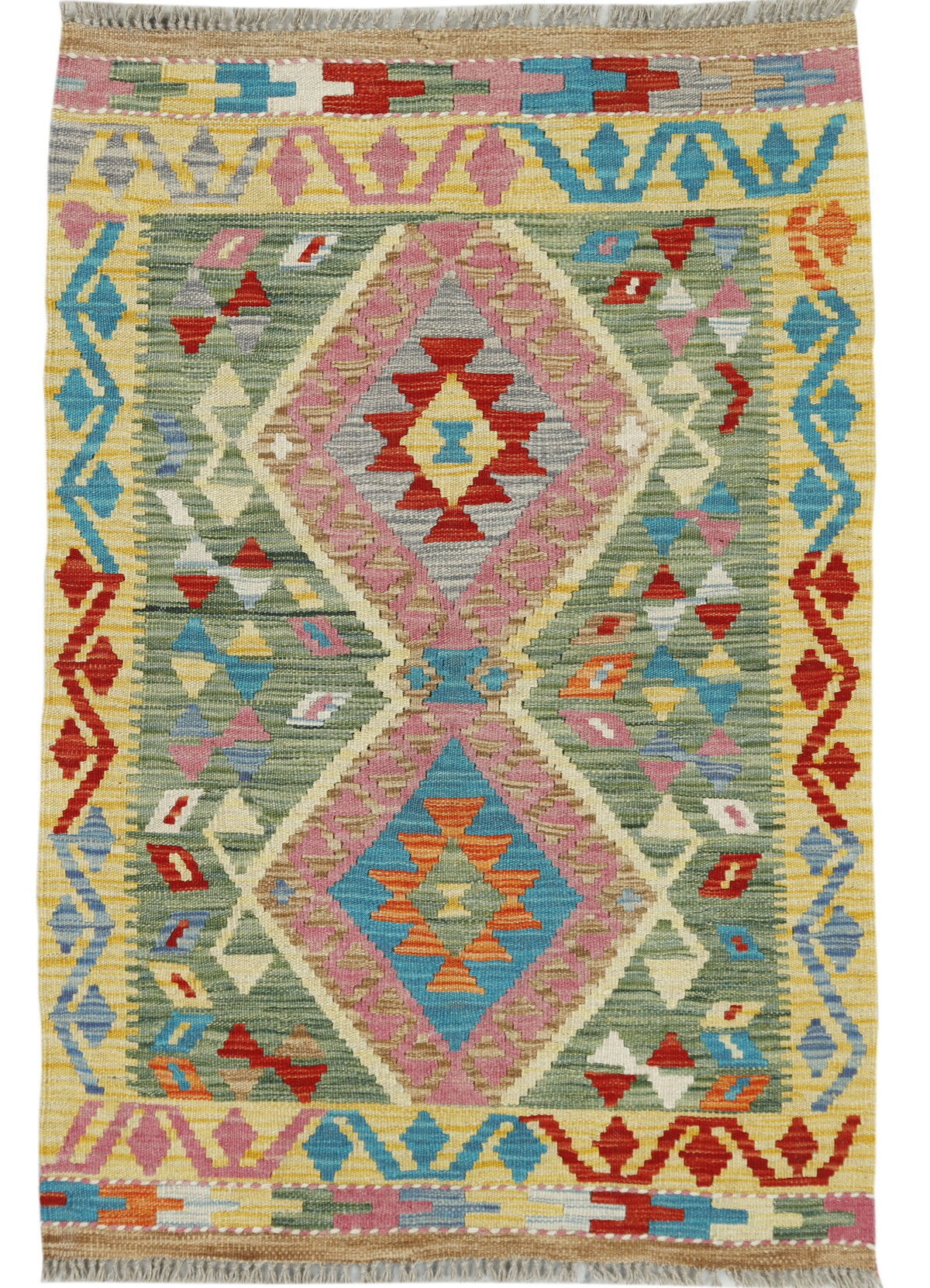 Afghan Kilim rug by eastofhere, 119x79cm, featuring traditional geometric patterns in vibrant colors on woven textile.