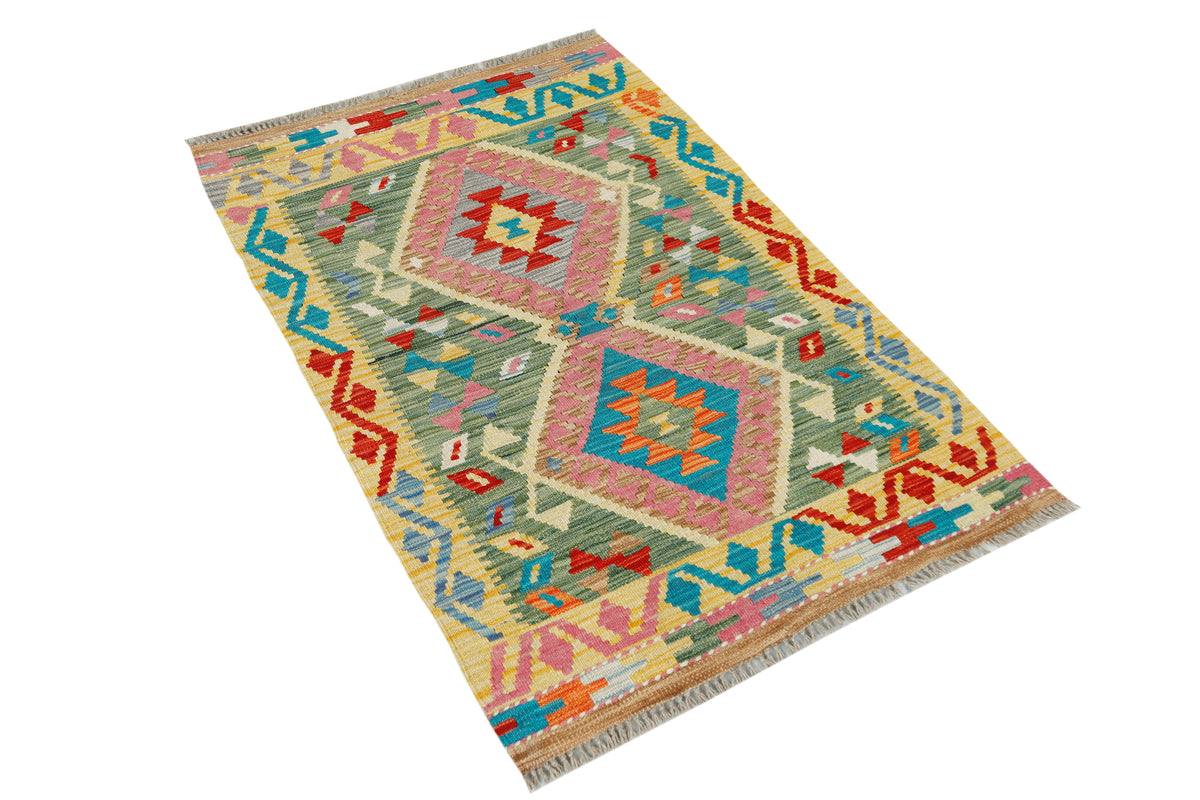 Afghan Kilim rug by eastofhere, 119x79cm, featuring vibrant geometric patterns and traditional handcrafted woven design.