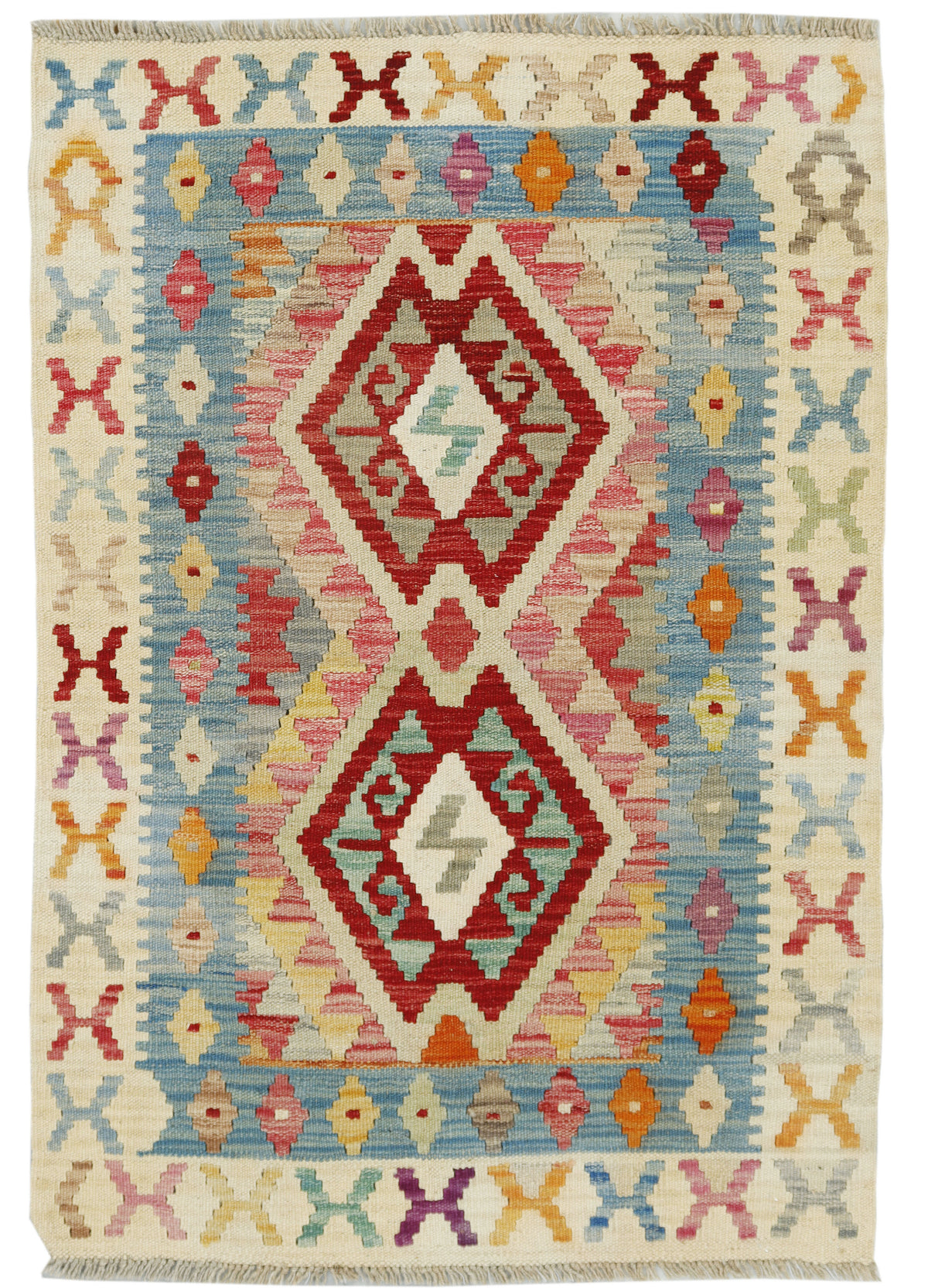 Afghan Kilim rug by eastofhere with intricate geometric patterns in warm earthy tones, measuring 116x80cm.